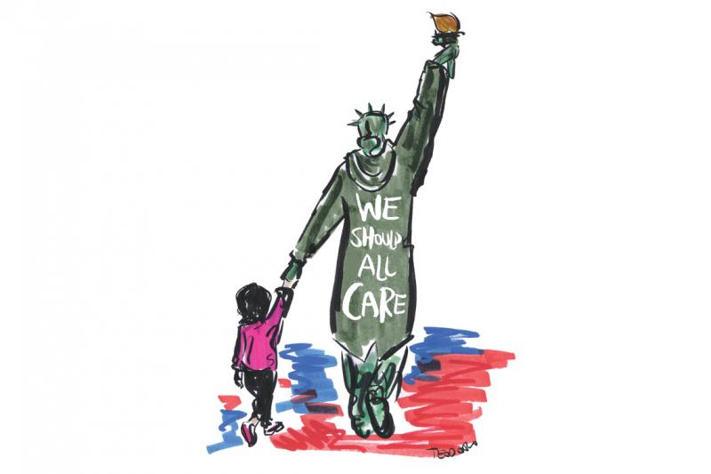 Justin Teodoro’s drawing shows the Statue of Liberty wearing a jacket saying “WE SHOULD ALL CARE” and walking hand-in-hand with the crying girl from Getty photographer John Moore's famous photograph. (illustration courtesy of Justin Teodoro)