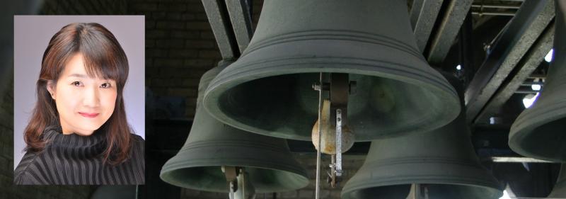 A portrait of Minako Uchino smiling is superimposed over a picture of large bronze bells hanging from wooden beams.