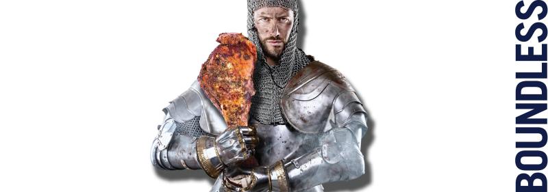 Knight holding an oversized roasted turkey leg like a club.