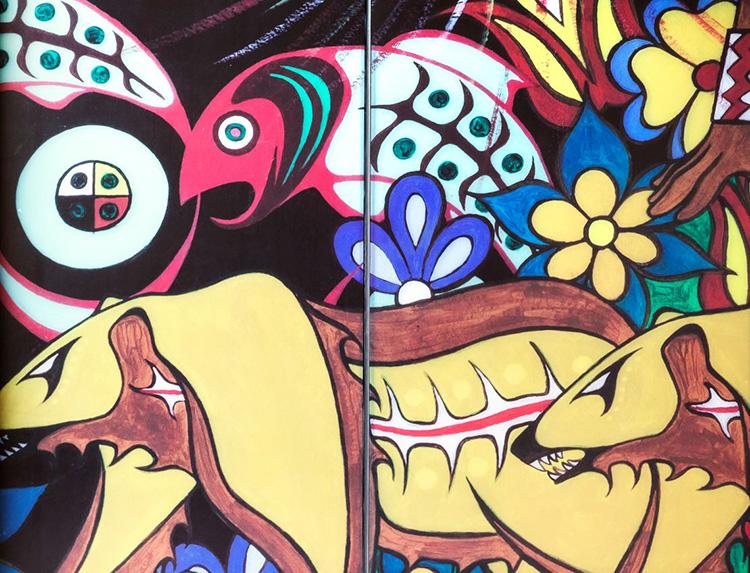 A close up of a mural drawn in Indigenous styles shows salmon, bears, flowers and a medicine wheel.