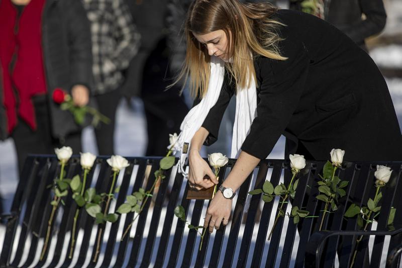 A woman threads a fresh rose into the back of a metal bench, among several others already displayed there.