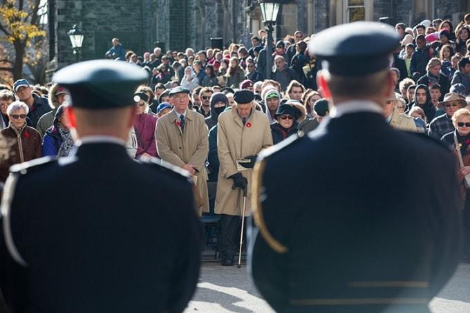 Veterans stand to attention at the Remembrance Day service at the Soldiers' Tower.  (photo by Johnny Guatto)