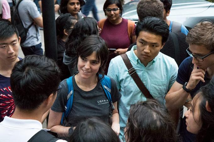 Canada is home to some of the world's top AI researchers, including Raquel Urtasun, an associate professor of computer science and the head of Uber's self-driving car lab in Toronto. Urtasun is pictured here at an Uber on-campus career event fielding questions from students (photo by Chris Sorensen)