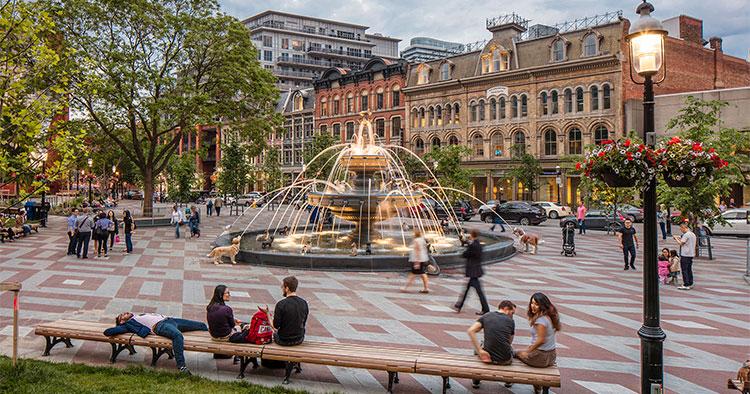 People play and relax around the huge fountain in Berczy Park. The three-tier structure features 27 cast-iron dogs.