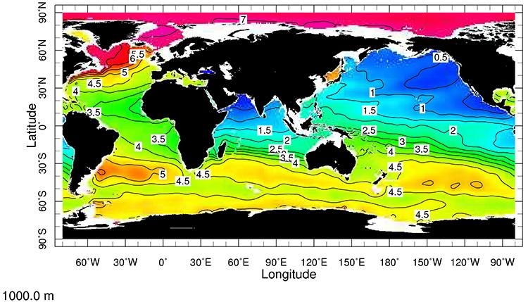 Oxygen concentrations at 1,000 metres water depth in the modern ocean: Reddish to yellow colours show regions with a high oxygen content. Blue tones depict regions with a low oxygen content that are potentially susceptible to hydrogen sulfide poisoning in a warming world. (Courtesy of Uli Wortmann/University of Toronto)