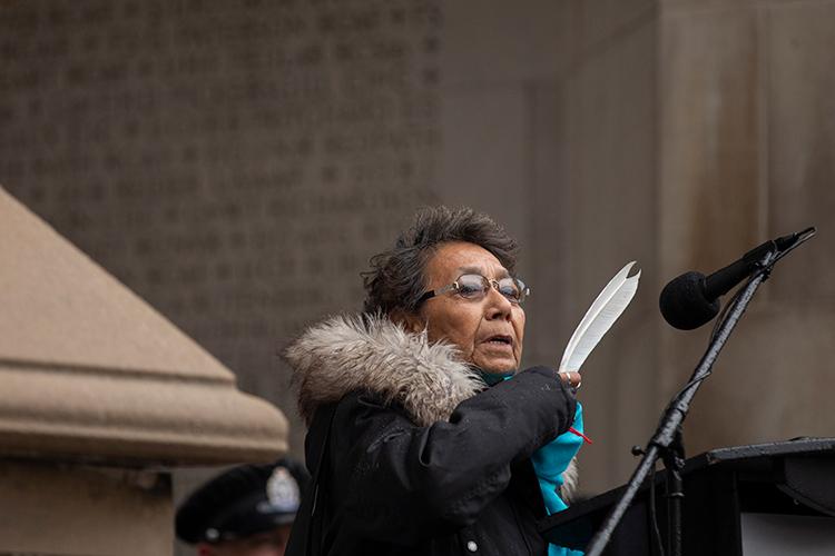 Jacqui Lavalley, a member of the Shawanaga First Nation, speaks during the ceremony on the downtown Toronto campus (photo by Nick Iwanyshyn)