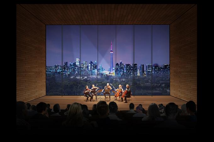 The music recital hall, with its large window as a dramatic backdrop (rendering by bloomimages, courtesy of Diller Scofidio + Renfro)