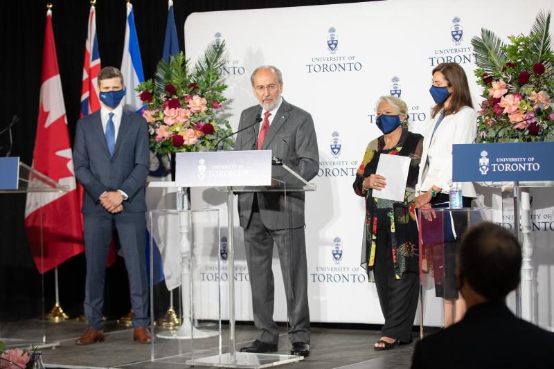 James Temerty standing and speaking at the podium during the announcement event while surrounded by the Temerty family, also standing (left to right): Mike Lord, Louise Temerty, and Leah Temerty-Lord.