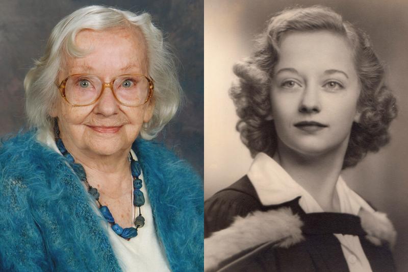 Current photo of Helen Brimmell next to her graduation photo.