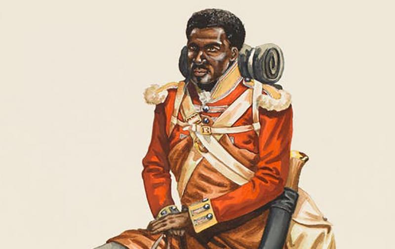 A painting of Black soldier John Marrion in a 19th-century red uniform. He wears an apron and carries a machete and blanket.
