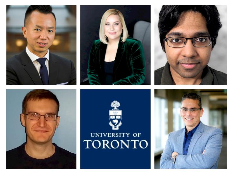 grid photo collage of U of T startup founders: Clockwise from top left: Derek Sham (MBA 2018), Founder & CEO of Cosm Medical; Helen Kontozopoulos, Co-Founder & Chief Tech Evangelist of ODAIA; Kirk Rodrigues (BASC 2015, MASC 2018), Co-Founder of YScope; Philip Poulidis, Co-Founder & Chief Executive Officer of ODAIA; University of Toronto logo; David Lion (BASC 2015, MASC 2018), Co-Founder of YScope.  