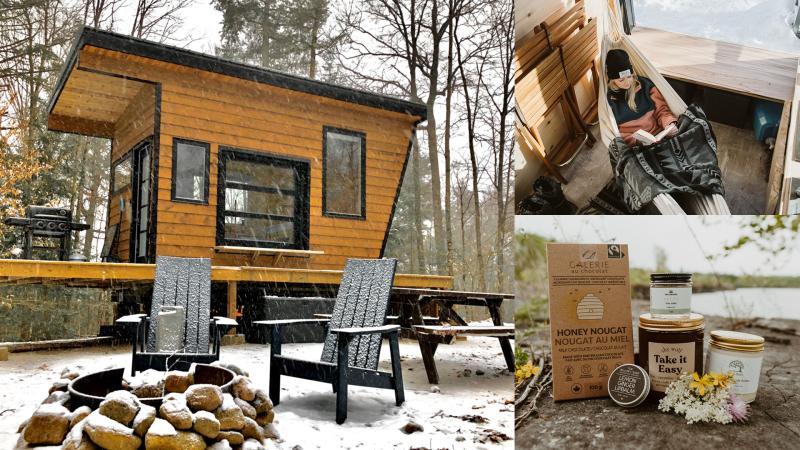 A cabin with chairs and a firepit and bodycare products