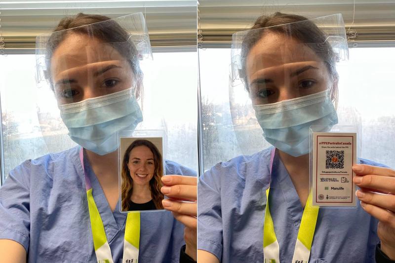Caroline Gregory, wearing mask, holds up her PPE Portrait. On front: a smiling face. On back: a QR code and sponsor logos.