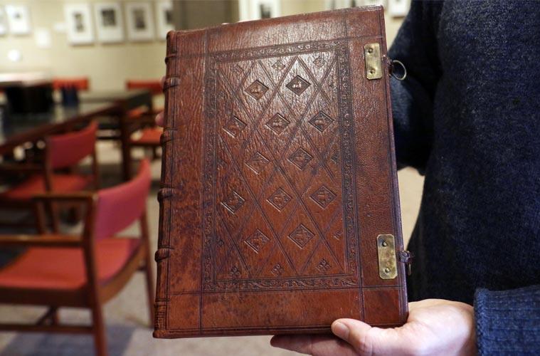 The 500-year-old book was rebound in the 1980s using a 15th-century technique called blind tooling.