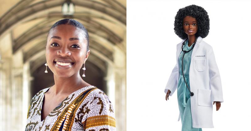 Side-by-side images: portrait of Chika Stacy Oriuwa and image of her barbie doll wearing scrubs, white coat and stethoscope.