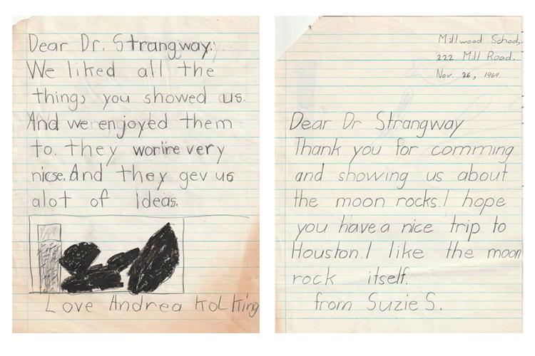 Two handwritten letters say things like "the things you showed us gev us alot of Ideas" and "Thank you for showing us about the moon rocks."