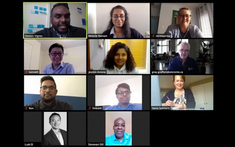 A screenshot of an online meeting shows 11 people smiling in their home offices.