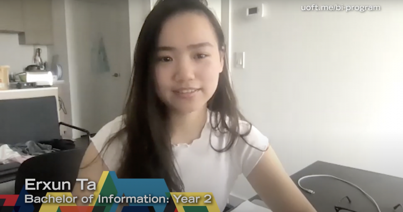 Erxun Ta talks on a video call. Text on the screen reads: Erxun Ta, Bachelor of Information, Year 2.