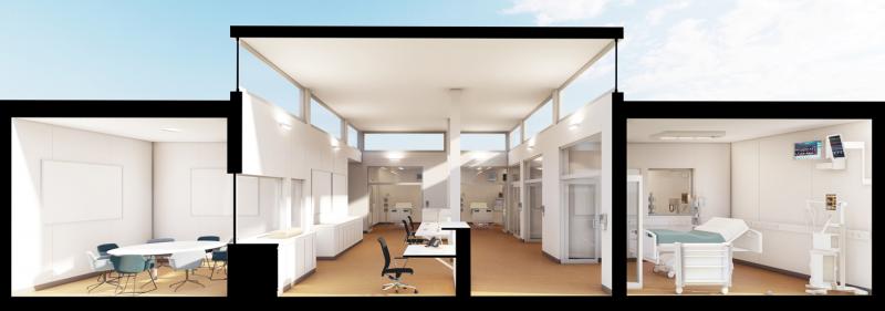 A cross section of a temporary ICU building showing private patient rooms with overhead windows in direct line of sight.