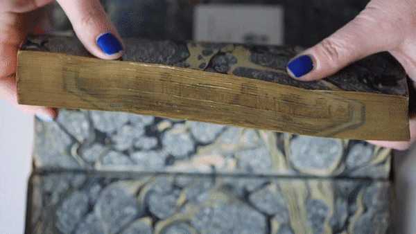 Hands fan out book pages to reveal a hidden picture of five people in front of a city wall.