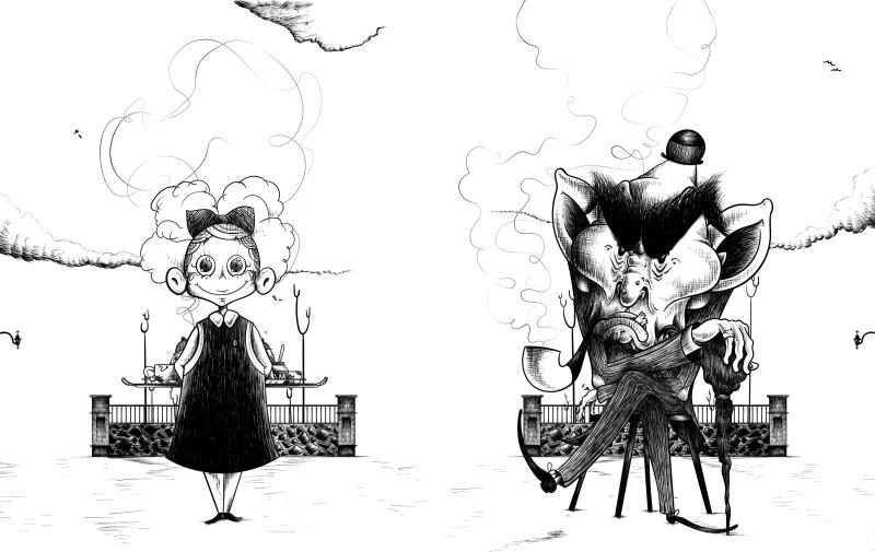 Black and white illustration of two characters