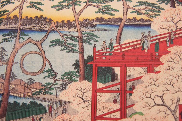 A pen-and-ink drawing of people on a tall platform looking out over a cloud of cherry blossoms on the banks of a tree-lined river.