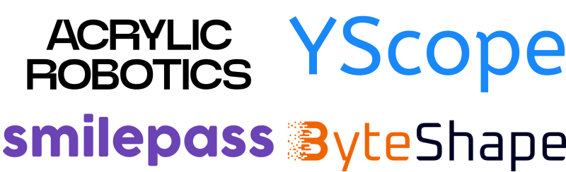 Logos for Acrylic Robotics, Yscope, Smilepass and Byteshape - Alumni Startup companies