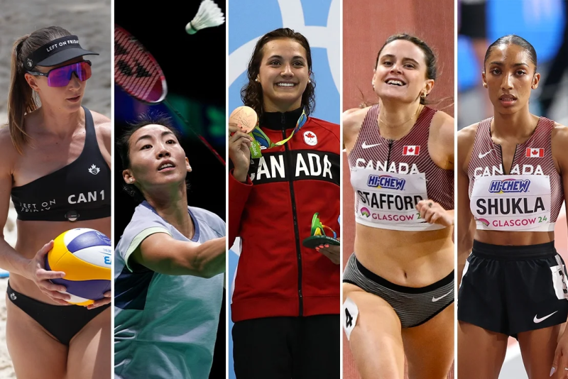 A grid featuring five female olympians