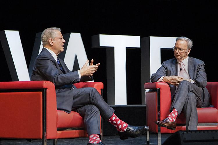 Wearing matching maple leaf socks, former U.S. vice-president Al Gore and former Google CEO Eric Schmidt chat on the main stage at the Elevate technology conference in Toronto, on Sept. 26 (photo by Chris Sorensen)