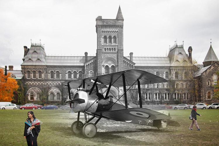 For Remembrance Day and the 100th anniversary of the armistice ending the First World War, U of T News staff photographer Nick Iwanyshyn juxtaposed archival campus photos with present-day pictures at the same location. Above, a Sopwith Camel plane appears in front of University College in 1918 (photo illustration includes a U of T Archives photograph)