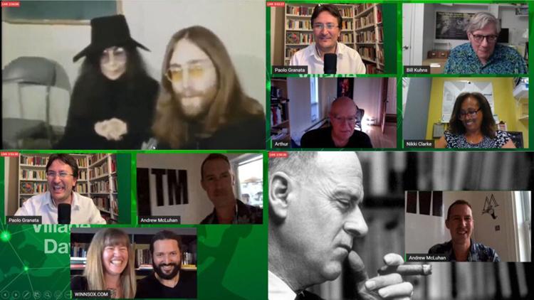 A grid of images show people chatting on video calls, as well as an archival photo of John Lennon and Yoko Ono.