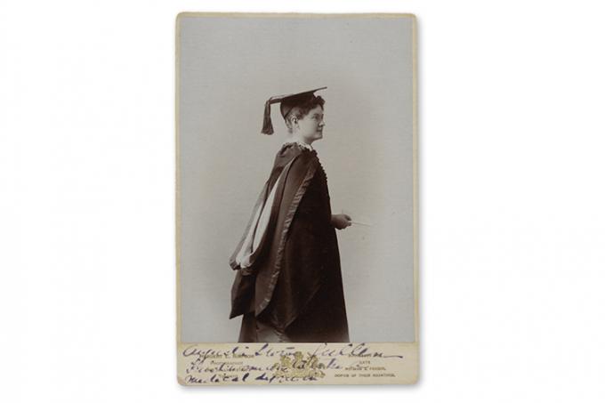 Ann Augusta Stowe-Gullen, in profile, wearing full academic robes and mortarboard hat.