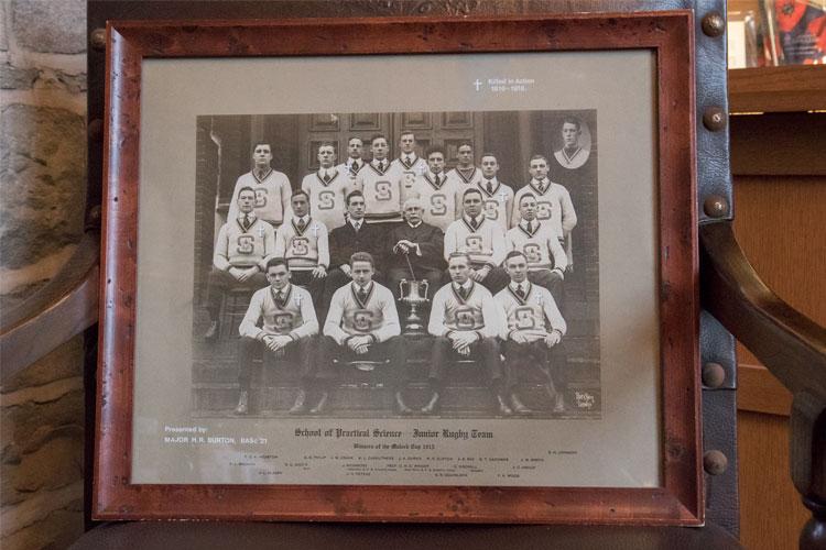 U of T’s entire 1915 junior rugby team joined the army. The crosses were added after the war – of the 18 students in the photo, seven are noted to have been killed in action.    