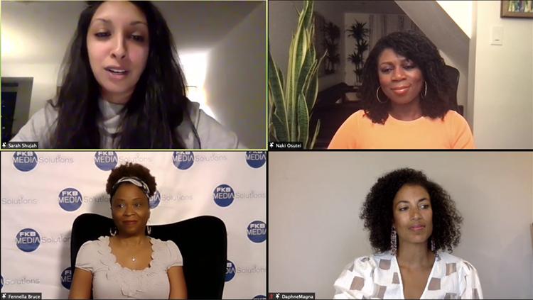 A grid of four images showing Sarah Shujah, Naki Osutei, Daphne Magna and Fennella Bruce participating in a video call.