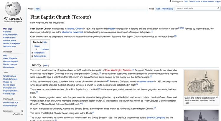 A screenshot of the Wikipedia web page for First Baptist Church (Toronto).