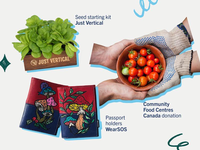 a wooden seed starting kit with fresh green herbs, passport holders with mushrooms painted on them, one set of hands handing over tomatoes to another