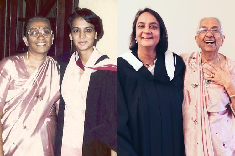 Two side by side photos show Unnati Patel in graduation robes and her mother in a sari