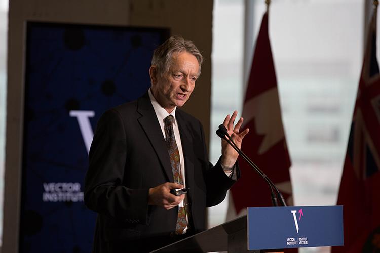 Geoffrey Hinton, known as the “godfather of deep learning,” speaks at the launch of the Vector Institute for Artificial Intelligence in 2017 (photo by Lisa Lightbourn) 