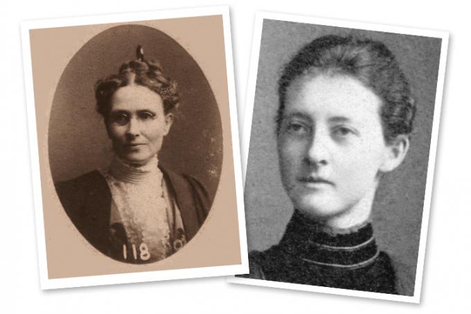 Two separate photos of Emma Baker and Clara Benson, each wearing a high-necked Edwardian gown.