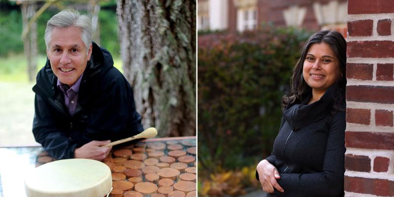 Composite: John Borrows leaning on a table outdoors, Angela Fernandez leaning on a wall outdoors.