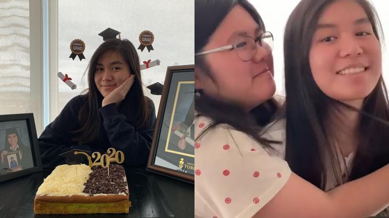 Two images show Caitlin Tejowinoto hugging a friend and looking at a graduation cake.
