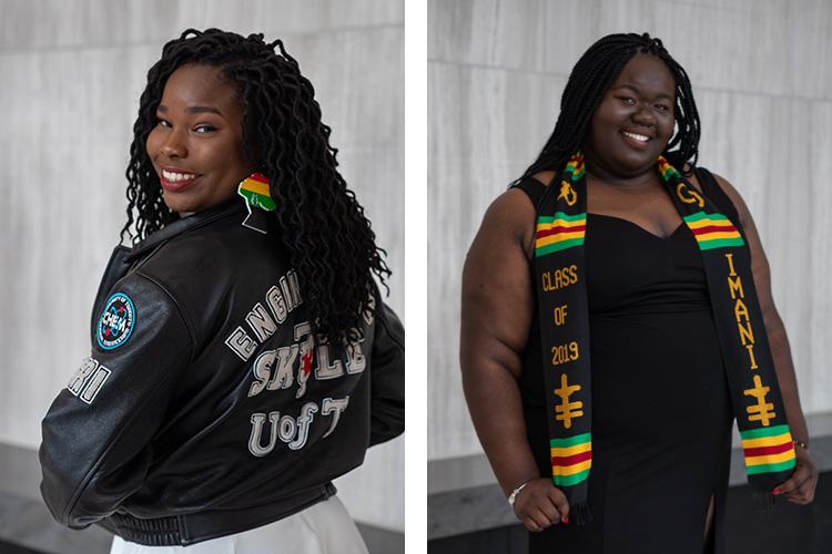 Njeri Fraser wears her Skule leather jacket, Katherina Boyd wears her Black Grad scarf reading "Class of 2019" and "IMANI".