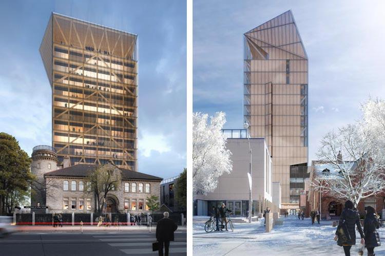 A 14-storey academic building made of wood is to be built on top of the Goldring Centre (all renderings courtesy of MJMA and Patkau Architects)