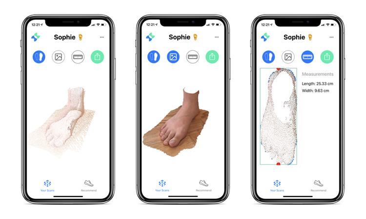 Screenshots of a cellphone show diagrams of a person’s foot size generated from a photo of the bare foot.