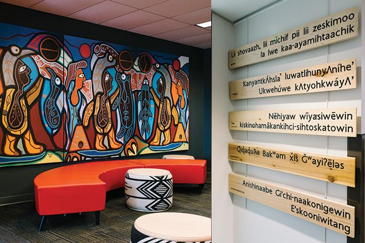 Composite image. On the left: a wall mural showing Indigenous people wearing animal headdresses. On the right: wooden signs in five Indigenous languages.