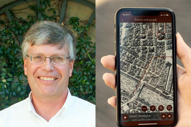 A photo of Nicholas Terpstra next to a picture of a cell phone displaying an illustrated medieval-style city map.