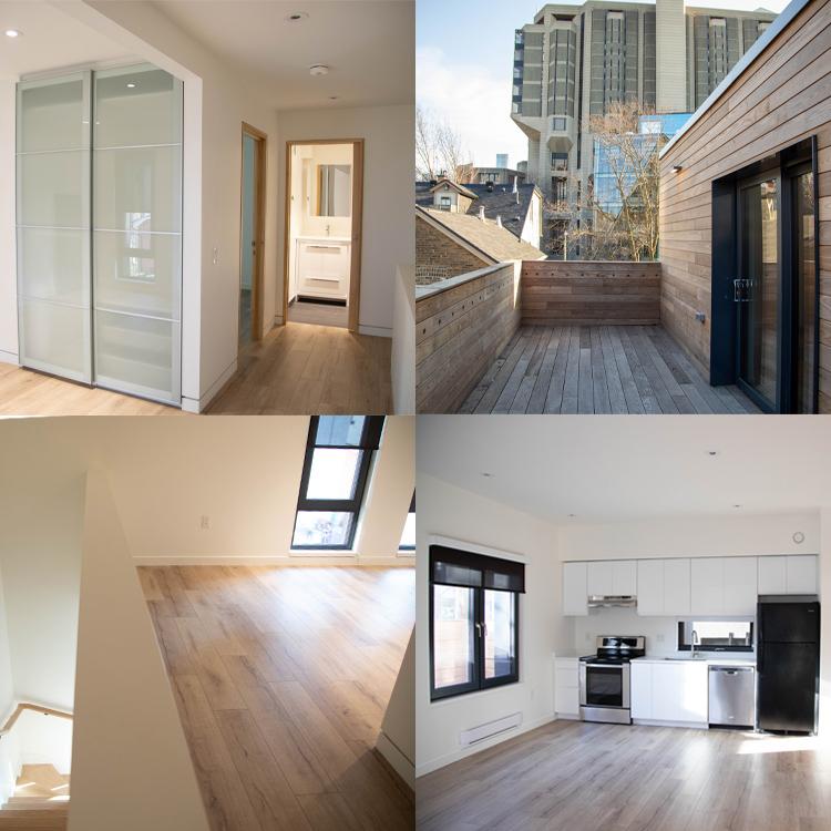 A grid of images showing interiors of the new laneway house: wooden floors, a patio balcony, and large windows.