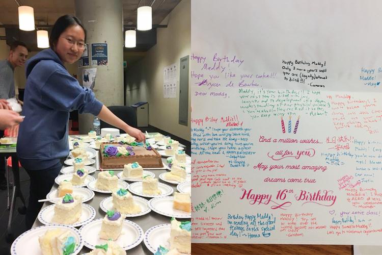 Maddy Zhang smiles next to a table covered with pieces of birthday cake and a card full of friendly messages.