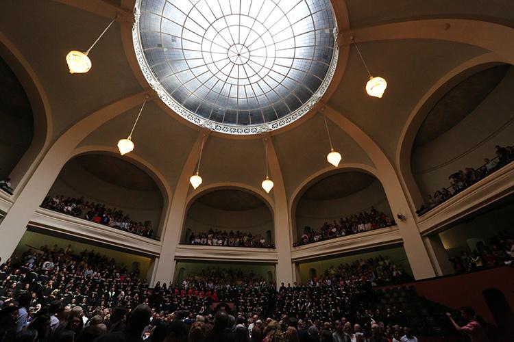A convocation ceremony in 2013 showing the skylight that needed to be repaired (photo by Johnny Guatto)
