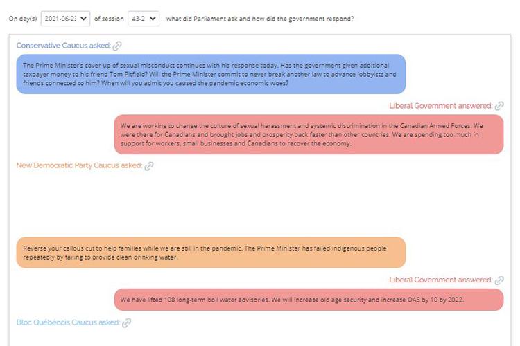 A screenshot of the Parlawatch app shows three-line summaries of questions and answers colour-coded by political party.